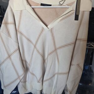 Tahari Pink Cream Plaid V-Neck Sweater